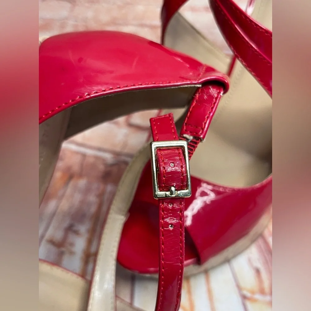 Forever 21 Red Peep Toe Ulta High Patent Leather Wedges with Cork Platform